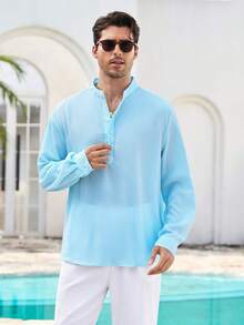Mercer Haus Men Half Placket Stand Collar Linen Long Sleeve Shirt,Lightweight Breathable Loose Casual.Summer Vacation,Party,Office Daily Wear.Gift For Men. - Cadet Blue - View 4