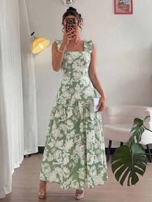 Selianne 隨機印花 荷葉邊飾 法式浪漫花卉藍白配色 方領 收腰顯瘦 低腰 A字無袖細肩帶洋裝 春夏款 - 軍綠色 - 查看 4