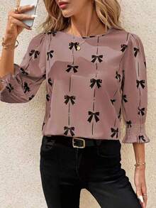 SHEIN Clasi 大尺碼休閒通勤蝴蝶結印花泡泡袖上衣 - 粉色 - 查看 3
