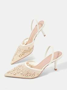 CUCCOO HITCHD Rice Apricot Mesh Embroidered Rhinestone Pointed Back Empty Elastic Thin Back Strap Breathable Bridal Wedding Shoes, Wedding Banquet Dating Fairy - Beige - View 12