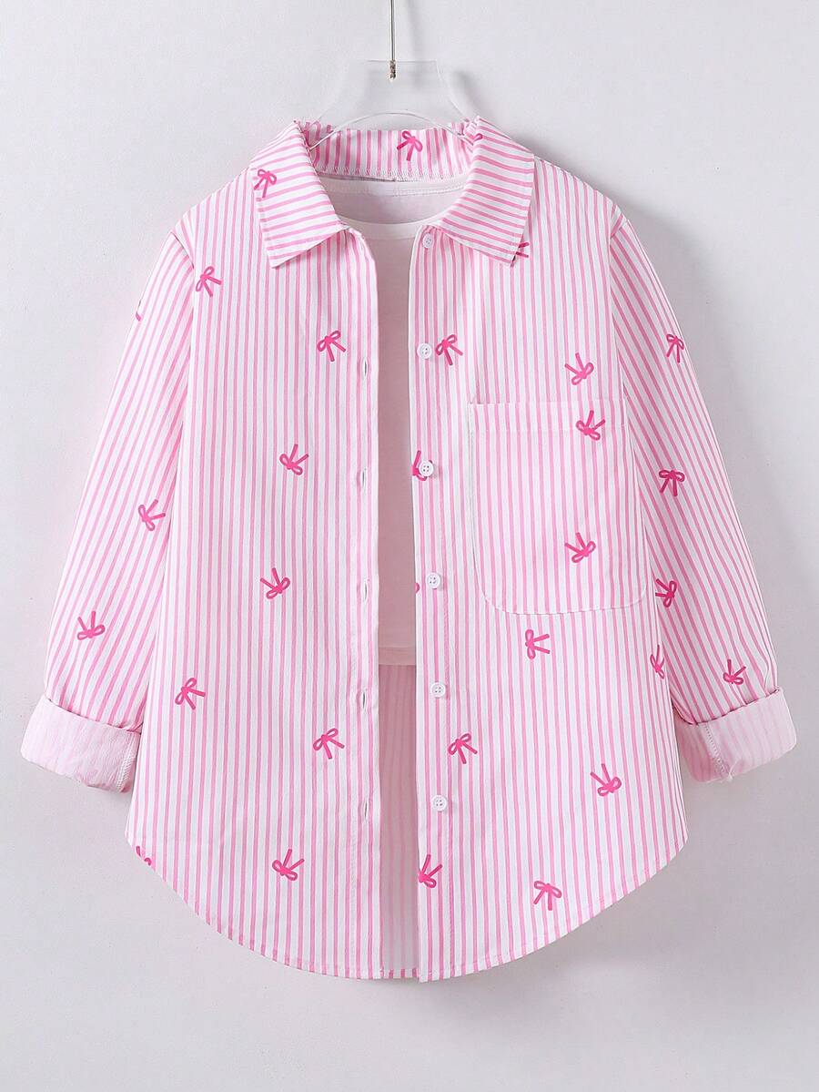 SHEIN Blusa ligera con protección solar a rayas para niña preadolescente, primavera y verano, vacaciones, verano, viaje - Rosa - Ver 1