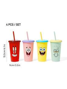 SpongeBob SquarePants | SHEIN 4pcs Party Favor Cups, 473ml) Plastic Flat Bottom Tumbler, Kids Birthday Party Supplies - Multicolor - View 3