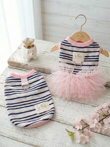 PETSIN 1PC Breathable Sun Protection Pet Puff Dress, Korean INS Striped Couple Outfit For Small Dogs Cats Spring Summer - Navy Blue - View 4