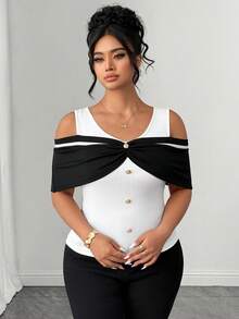 Elenzga Plus Size Women's Elegant Color Block Off-Shoulder Black & White Striped Elastic Fitted Top, Black & White Top, Party Dress, Spring/Summer Top, Beach Wear, Elegant Party Top, Casual Top, Wedding Guest Top, Women's Luxury Evening Gown, Women's Vacation Wear, Women's Graduation Top, Women's Birthday Top, Summer Holiday Wear, Women's Office Commute Wear, Women's Country Style - Black and White - View 6