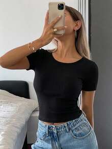 DAZY 女款素色休閒百搭日常穿著短袖T恤 - 黑色 - 查看 2