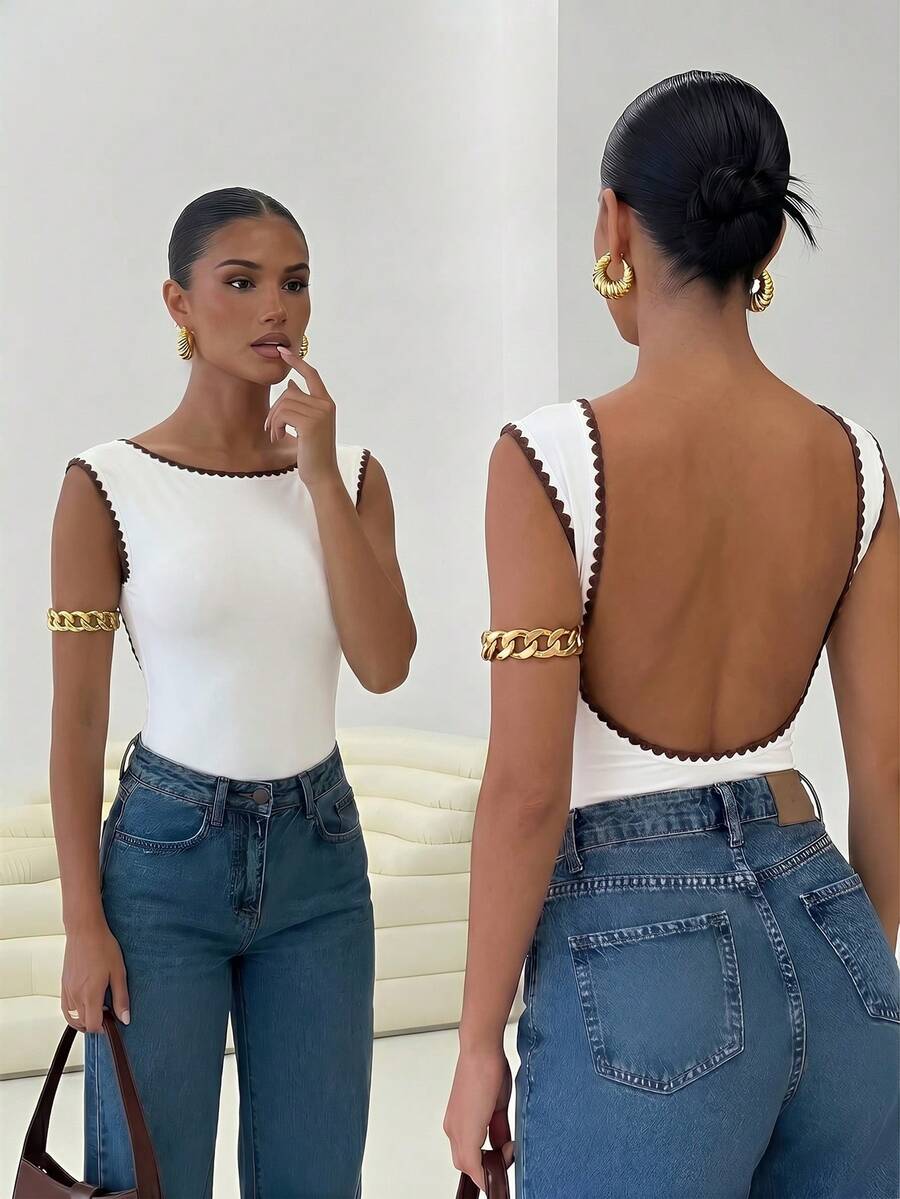 Firerie Women's Summer Sexy Contrast Trim Backless Bodysuit - White - View 1