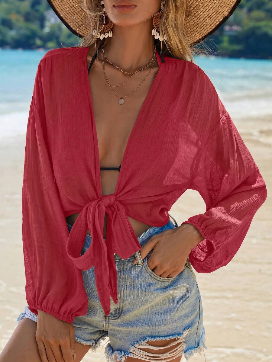 Swim Vcay 度假海灘純色前綁帶短款和服式罩衫 - 玫瑰紅 - 查看 1