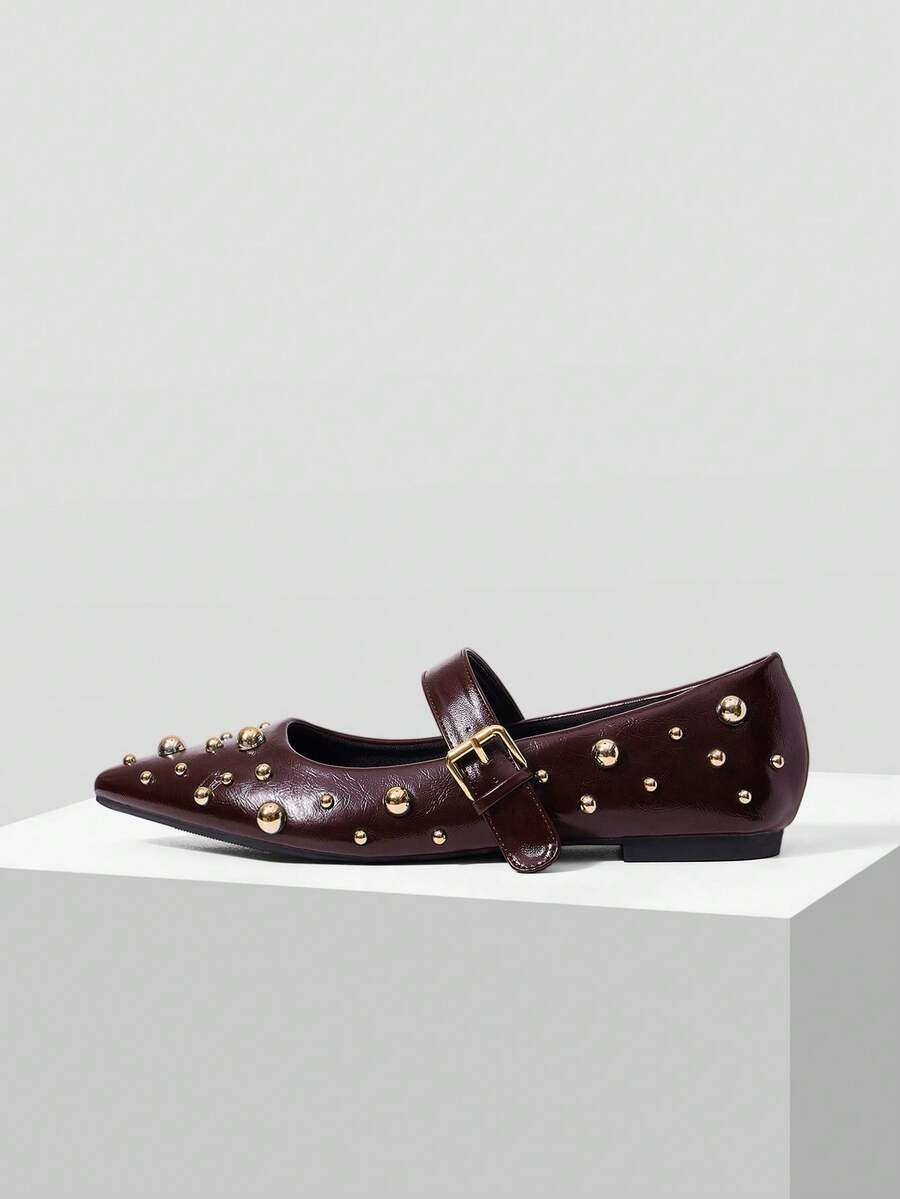 MOTF Zapatos planos tipo Mary Jane casuales para mujer con decoración de remaches, zapatos de primavera - Burdeos - Ver 2