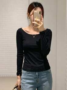 DAZY 女款大圓領修身短袖優雅T恤 灰色 春夏款 - 黑色 - 查看 5