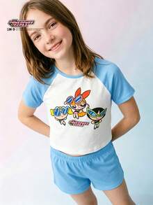 Maija Kids THE POWERPUFF GIRLS X SHEIN Maija Kids Tween女孩休閒卡通圖案極簡短袖高腰插肩袖T恤，適合夏季 - 彩色 - 查看 5