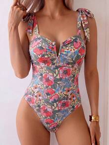 Swim Lushoire 春夏熱銷高腰海灘度假休閒花卉印花綁帶V領鋼圈一件式泳衣，奢華可愛夏季度假穿搭 - 彩色 - 查看 3