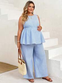 Plussiva Plus Size  Blue Striped Resort Two-Piece Set,Maternity Vacation Casual Striped Tank Top & Long Pants 2 Pieces Set - Blue - View 9