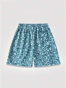 ROMWE MEN Celana Pendek Kasual Longgar Pria Motif Leopard dengan Tali Pinggang dan Saku - Biru - View 3