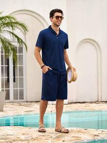 Mercer Haus 2 piezas Conjunto de camisa polo de manga corta y pantalones cortos de unicolor casual para hombres, adecuado para la playa, el transporte, el gimnasio y las salidas de fin de semana - Multicolor - Ver 1