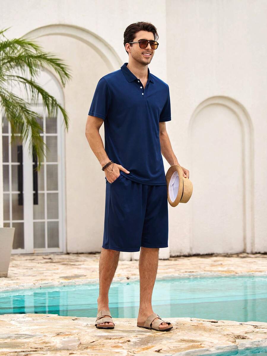Mercer Haus 2 piezas Conjunto de camisa polo de manga corta y pantalones cortos de unicolor casual para hombres, adecuado para la playa, el transporte, el gimnasio y las salidas de fin de semana - Multicolor - Ver 1