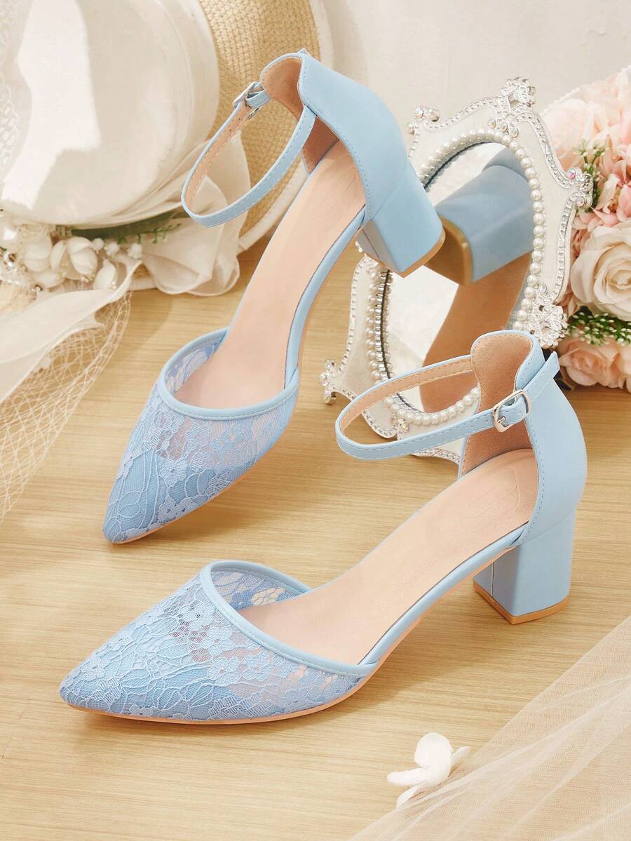CUCCOO HITCHD White Lace Pointed-Toe Block Heels. Elegant Bridal Shoes For Wedding, Party, Prom And Holidays. Stylish Picks For Spring & Special Events. - Light blue - View 1