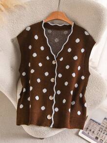 CosyJoli Plus Size Elegant French Casual Premium Minimalist Polka Dot Colorblock Romantic Wavy Pattern Vacation Commute Cardigan Knit Sweater Top Fall/Winter - Brown - View 2