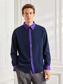 Officeau Men's Black & Purple Crossover Print Long Sleeve Dress Shirt, For Business Casual/ Commuting, Gift For Father/ Husband - Purple - View 5