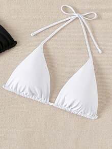 SHEIN Swim Women's Solid Color Bikini Top For Beach Vacation - Black and White - View 3