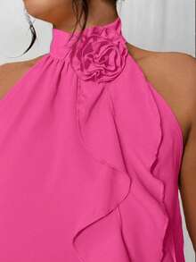 Rometta Plus Size Summer Elegant 3D Floral Ruffle Neck Blouse For New Year Clothes - Hot Pink - View 8