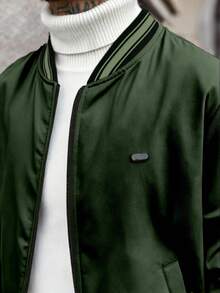 Manfinity CasualCool Men's Spring/Autumn Casual Fashion Street Style Daily Commute Color Block Striped Trim Zipper Front Baseball Jacket - Army Green - View 7