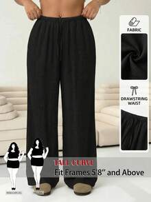 SHEIN Tall CURVE 大尺碼女款素色抽繩腰休閒百搭日常穿搭長褲 - 黑色 - 查看 1