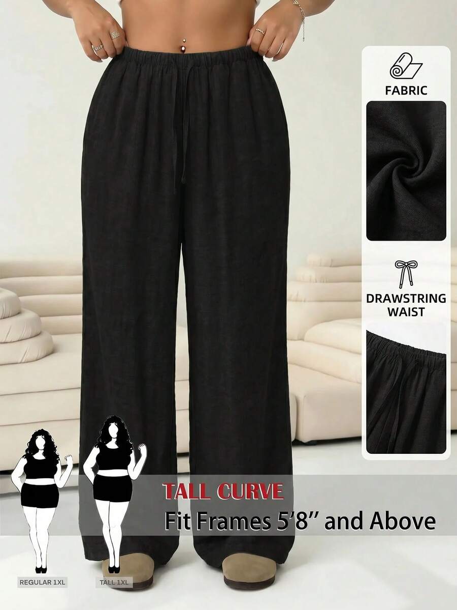 SHEIN Tall CURVE 大尺碼女款素色抽繩腰休閒百搭日常穿搭長褲 - 黑色 - 查看 1