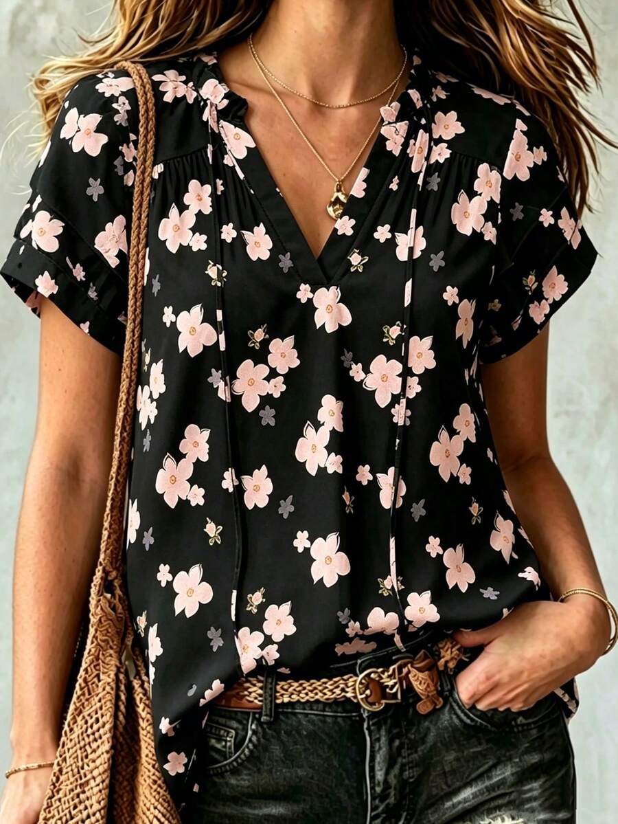 Linhara Plus Size Woven Elegant Summer Casual Women's Shirt - Black - View 1