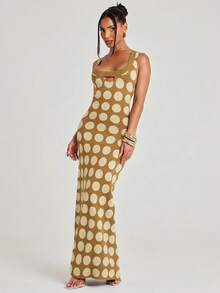 NYA SZN Knit Dress Sleeveless Cutout Detail Polka Dot Vibrant Unique Scoop Neckline Ribbed Maxi Summer Statement Unique Bridal Shower Outfits For Women - Khaki - View 3