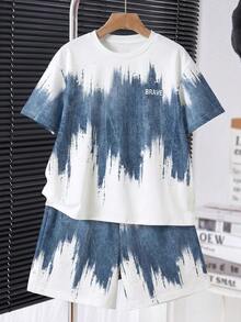 Young Boy Casual Minimalist T-Shirt Set, Classic Gradient Pattern Print, BRAVE Text Graphic Print, Suitable For Spring And Summer - Multicolor - View 4