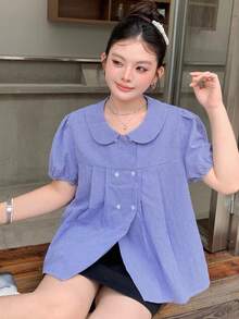 Dazy Plus 格紋彼得領休閒韓系學院風短袖大尺碼女款春夏藍色襯衫 - 藍色 - 查看 5