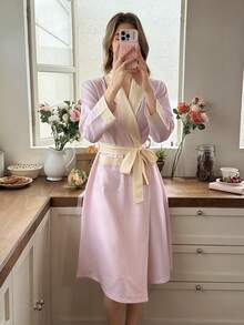 Snug Reverie Comfortable Soft Striped Patchwork Plaid Contrast Color Tie-Front Robe Lounge Sleep Pink Gingham Autumn Cute Kawaii Lounge Cute - Pink - View 2