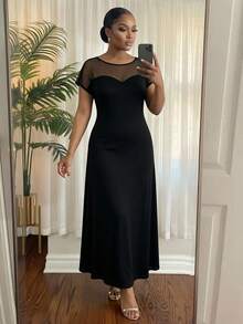SHEIN Lady CURVE 大尺碼夏季優雅網紗拼接洋裝 - 黑色 - 查看 3