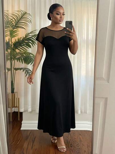 SHEIN Lady CURVE Plus Size Summer Elegant Mesh Patchwork Dress Cocktail Gym Dinner Black