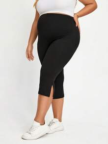 Plussiva Plus-Size Maternity Black Adjustable Waist Casual Versatile Everyday Capri Pants For Summer - Black - View 4