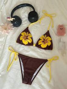 SHEIN MOD Women's Floral Print Swimsuit Set - Brown - View 3