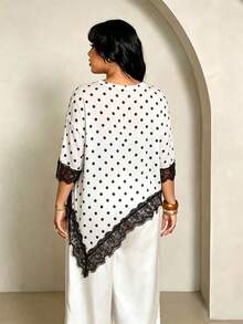 Rustia Plus Size Women's Polka Dot Print Contrast Lace Asymmetric Hem Round Neck T-Shirt - Black and White - View 2