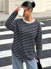 Muchica 女款寬鬆黑色條紋露背綁帶長袖T恤，適合穿搭、返校季、街頭風露背上衣 - 藏蓝色 - 查看 6