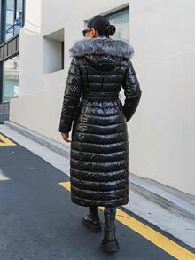 Premium Quality, Elasticated Belted, Fur Hooded Maxi Puffer Winter Coat - Black - View 2