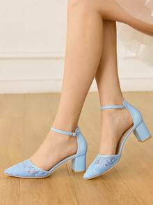 CUCCOO HITCHD White Lace Pointed-Toe Block Heels. Elegant Bridal Shoes For Wedding, Party, Prom And Holidays. Stylish Picks For Spring & Special Events. - Light blue - View 5