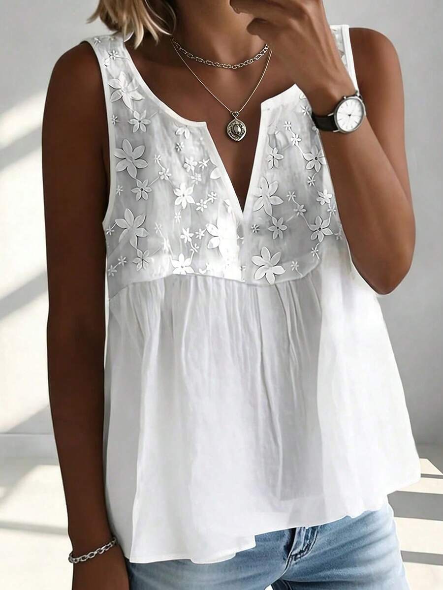 EMERY ROSE Camiseta sin mangas con cuello entallado y decoración floral para tallas grandes de verano - Blanco - Ver 1