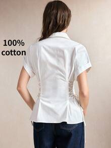 BizChic White Waist-Cinching Tie-Front Bow Blouse, Business Formal, Vacation, Slouchy, Commute, Date, Daily, Office, Independence Day, Graduation Season, Music Festival, Slimming, Elegant, Versatile, Summer, Party, Wedding Guest, Outing, Beach, Gathering, Social, Holiday, Shopping, Afternoon Tea, Travel, Y2K - White - View 4