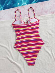 Swim Lushoire 女款新款條紋U領連身泳衣 - 粉色 - 查看 5