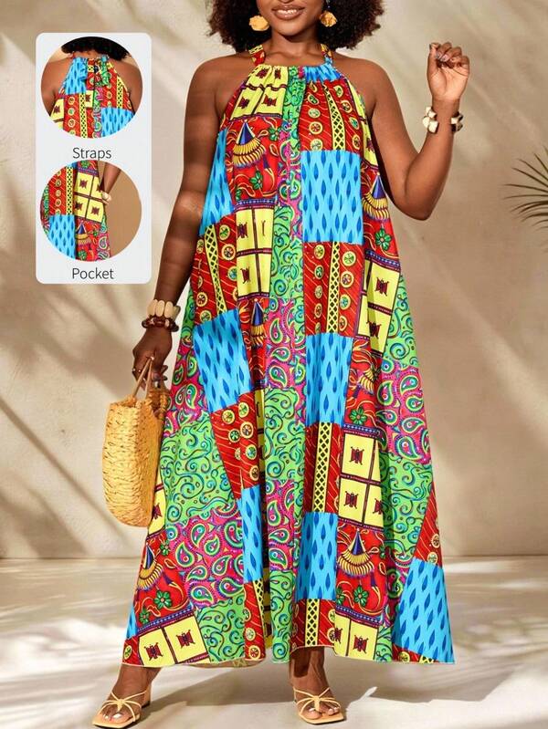 Zaforene Plus Size Women Allover Print Halter Casual Boho Party Vacation Daily Summer Dress Outfit For Festival Beach Holiday Baby Blue