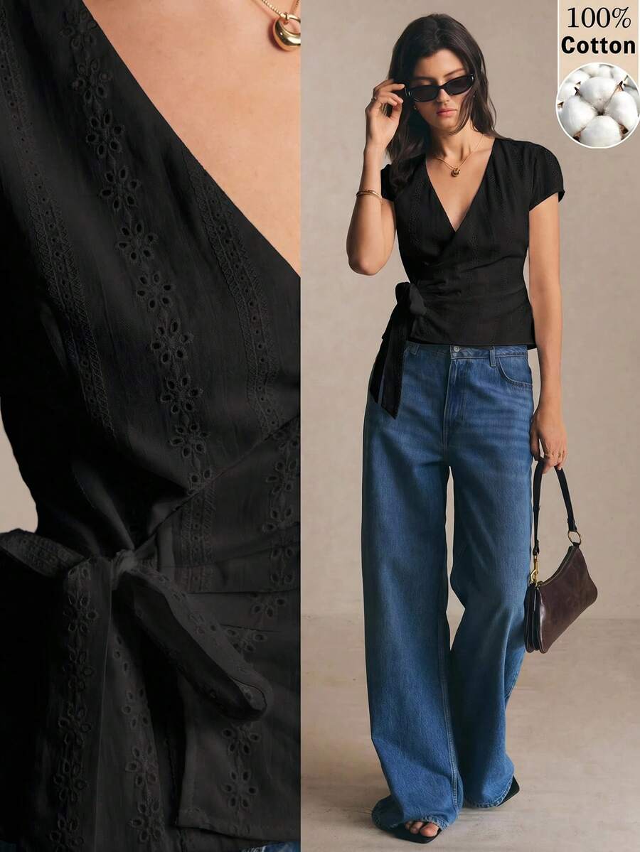 Poéselle 女款純色V領前綁帶修身百搭休閒日常襯衫 - 黑色 - 查看 1