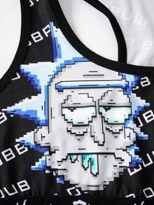 Rick and Morty X SHEIN Women's Cartoon Letter Print Colorblock Tank Top And Shorts Lingerie Set - Black - View 5