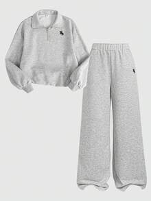 SHEIN 青少年女孩連帽衫與運動衫套裝，秋冬新款休閒極簡運動風淺灰色寬鬆半拉鍊立領運動衫與運動褲套裝 - 淺灰色 - 查看 3