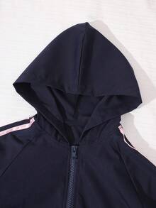 SHEIN 3件組女孩青少年連帽衛衣套裝，長袖開襟短夾克、白色細肩帶背心、鬆緊腰寬腿長褲，休閒日常穿搭，秋季開學校園服飾 - 藏蓝色 - 查看 10
