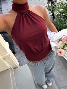 Muchica Wine Red Knit Halter Neck Women's Top - Burgundy - View 6