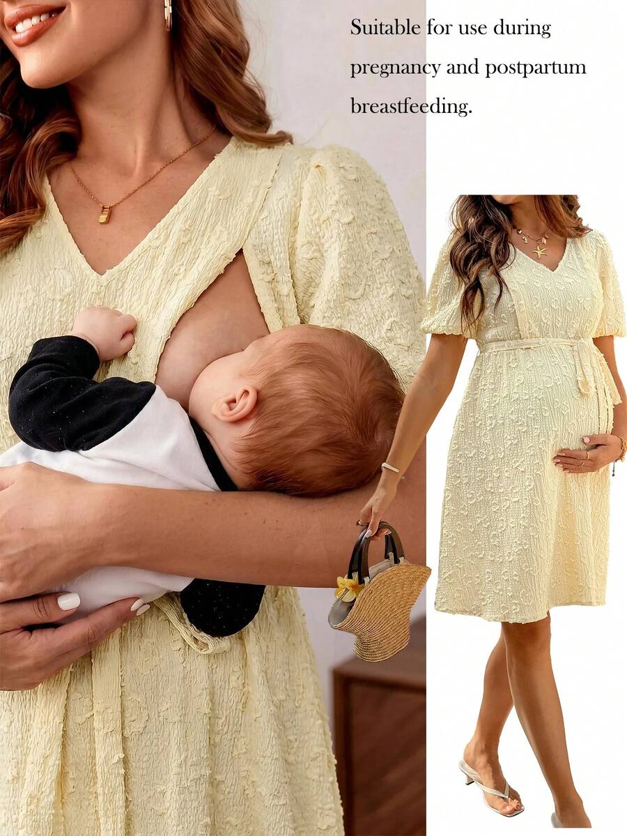 SHEIN 孕妇休闲纯色纹理短袖哺乳连衣裙 - 黃色 - 查看 1